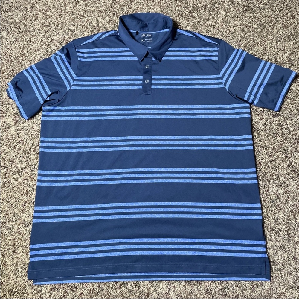 Adidas Golf Mens Performance Polo Shirt XXL 2XL Blue Stripes Short Sleeve Casual